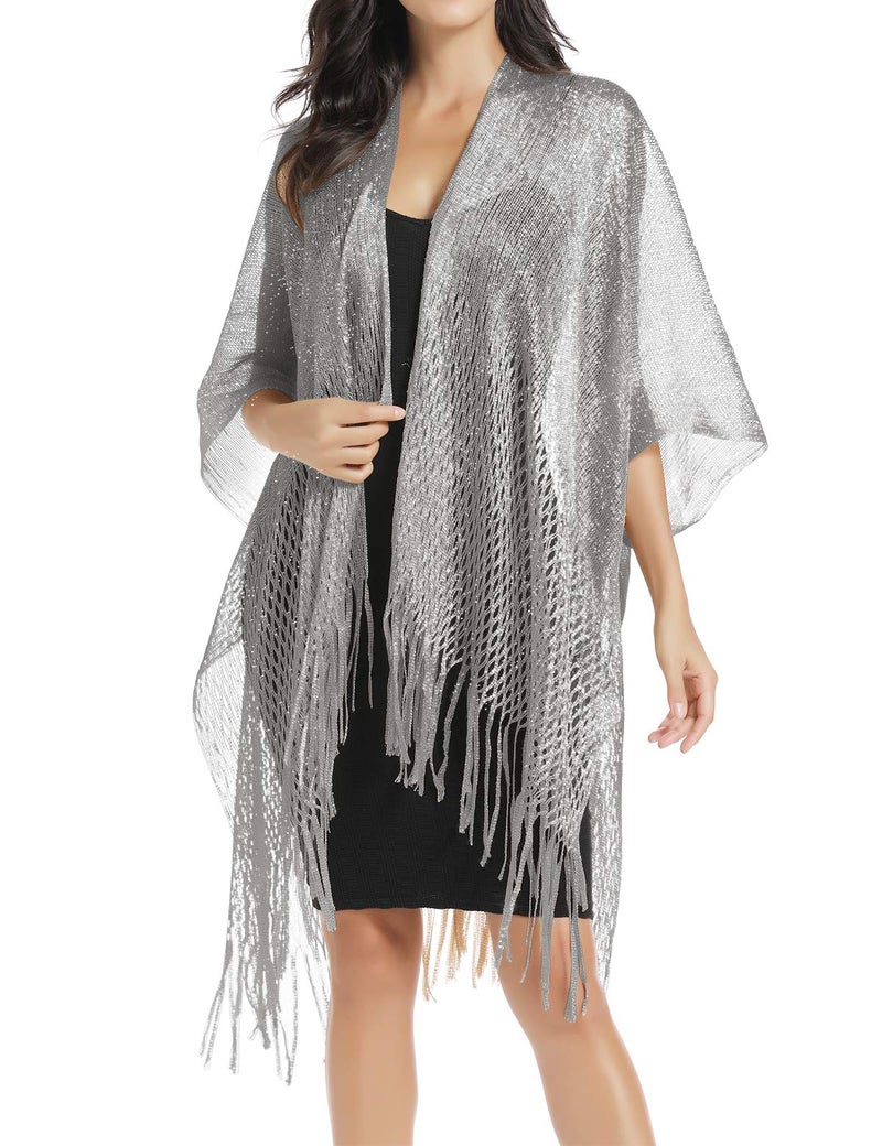 Rheane Silver Shawl for Women Kimono Cardigan Silver Shawl Wrap Swim Cover Up for Women Formal Cover Up For Evening Event - Image 4